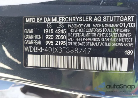 2003 Mercedes-Benz C 230 Kompressor Sport z USA, uszkodzony, nr VIN WDBRF40JX3F388747